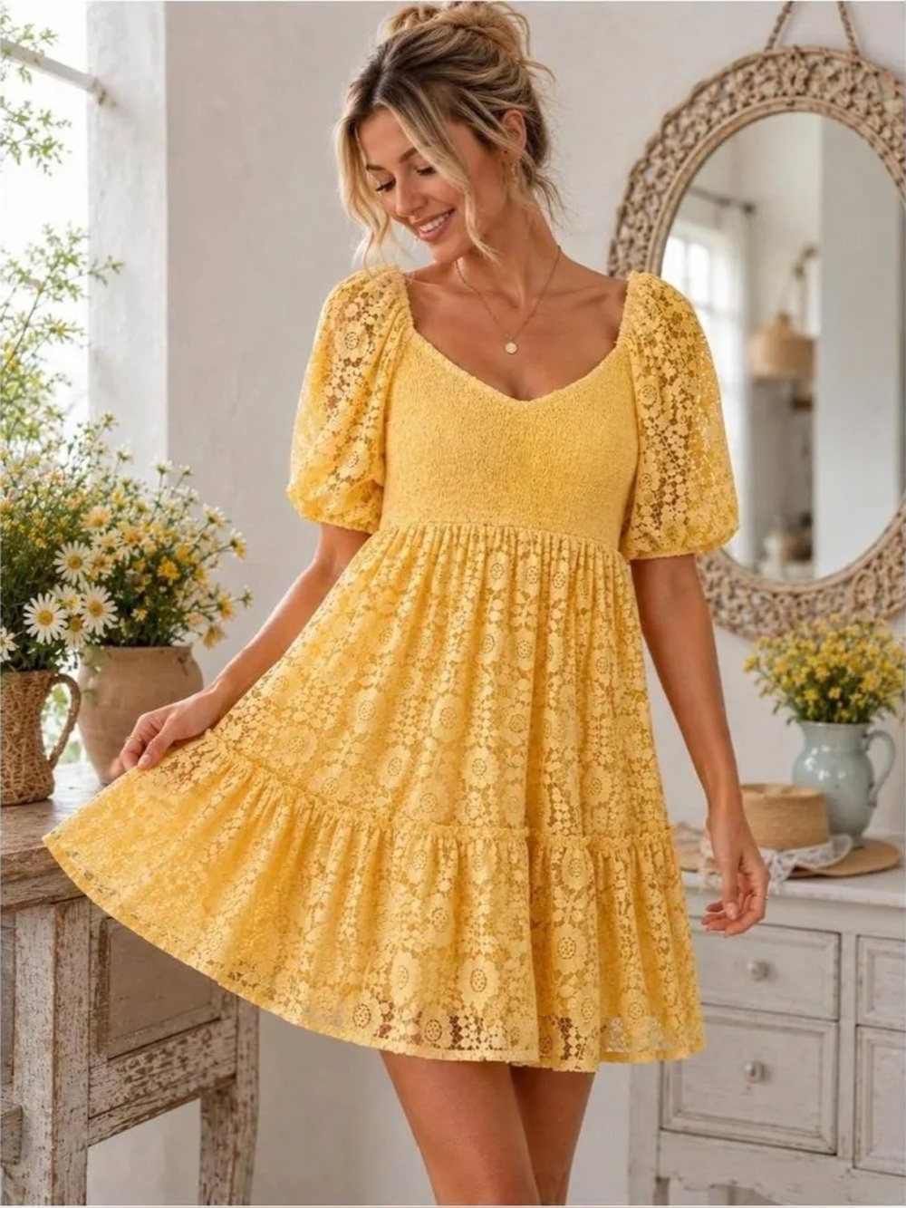 LOVECOLETTE TIERED LACE MINI DRESS WITH PUFF SLEEVES
